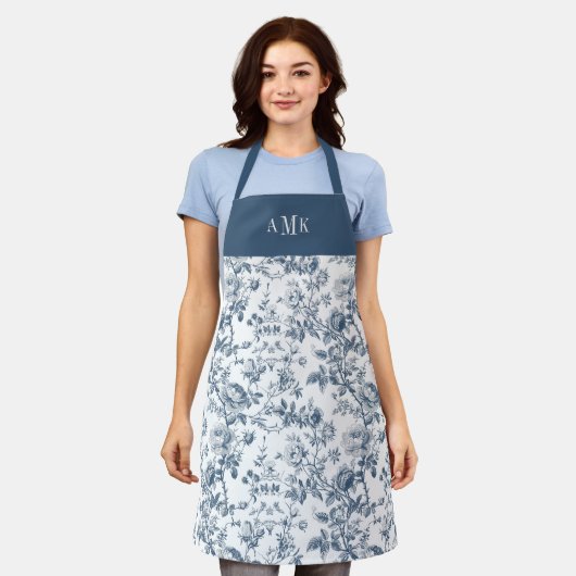 Tablier Blue White French Toile Monogram Apron (Porté)