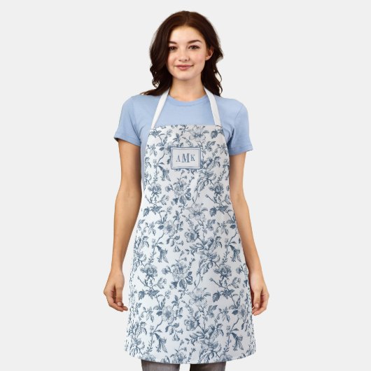 Tablier Blue White French Toile Monogram Apron (Porté)