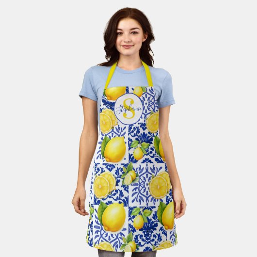 Tablier Blue White Lemon Tile Pattern Monogram Name Citrus (Porté)