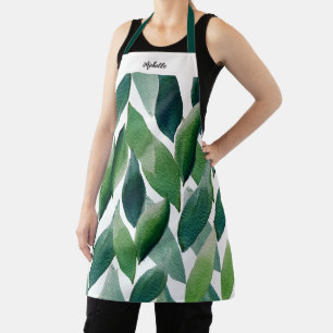 Tablier Boho Green Feuilles aquarelle peinte à la main
