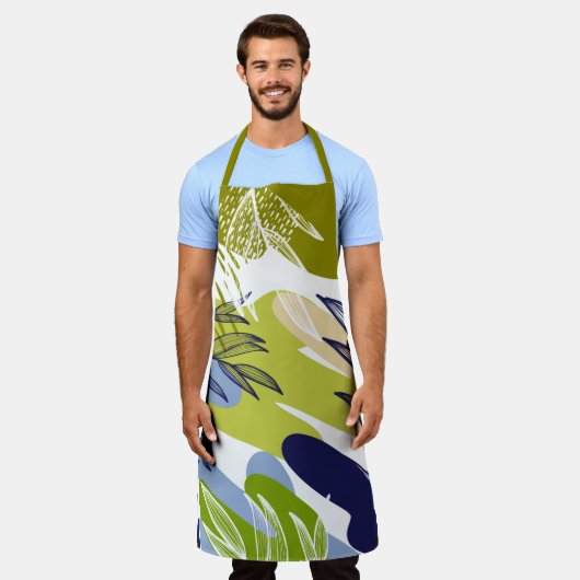 Tablier Boho Lime, Marine et Feuilles bleus (Porté)