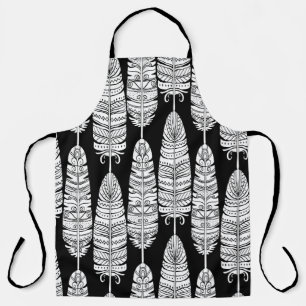Tablier Boho plumes : motif noir et blanc