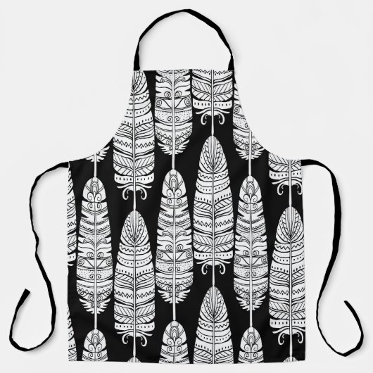Tablier Boho plumes : motif noir et blanc (Recto)