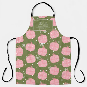 Tablier Boîte Cadeau Rose Verte Noël Flocon de Neige