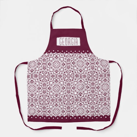 Tablier Bordures à échafaudage blanc bordeaux damassé (Recto)