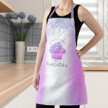 Tablier Boulangerie Cupcake Bleu violet Parties scintillan<br><div class="desc">Voici une façon merveilleuse d’ajouter au plaisir de la cuisson. Ajoutez un éclat supplémentaire à vos aventures culinaires chaque fois que vous portez ce tablier élégant, sophistiqué, simple et moderne. Un cupcake brillant, rose violet bleu foncé, une typographie manuscrite et des gouttes de parties scintillant superposent un arrière - plan...</div>