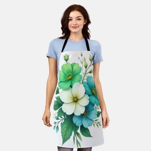 Tablier Bouquet de fleurs blanches bleues-57453 (Porté)
