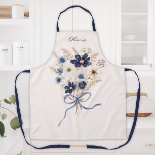 Tablier Bouquet de fleurs bleu marine aquarelle personnali