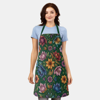 Tablier Bouquet de fleurs colorées sur fond vert