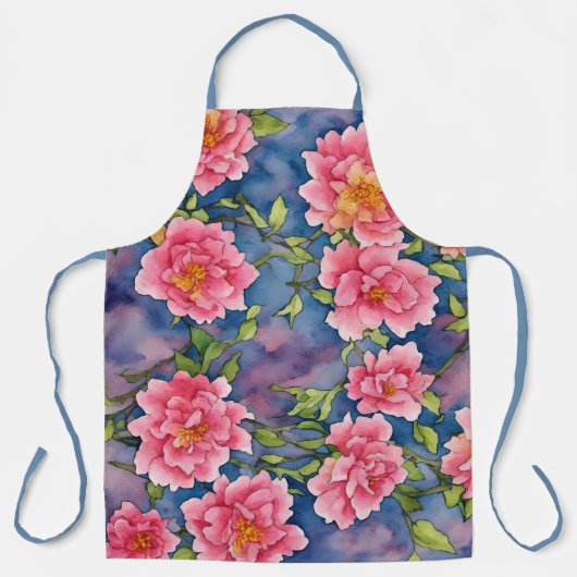 Tablier Bouquet floral Aquarelle Peoné rose sur bleu (Recto)