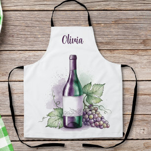 Tablier Bouteille de vin et raisins à l'aquarelle élégante