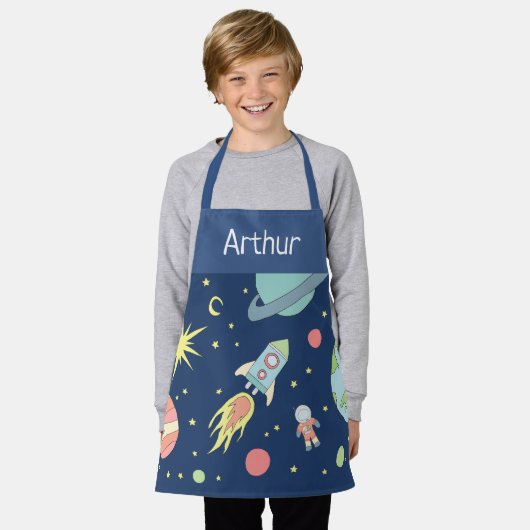 Tablier Boys Blue Cute Space Rocket Ship and Name (Porté)