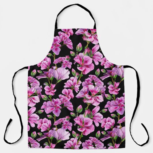 Tablier Branches de géranium, bourgeons roses aquarelles. (Recto)