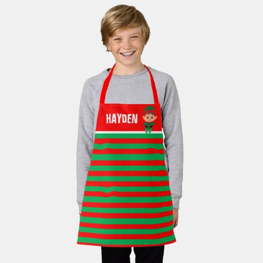 Tablier Bright Red and Green Elf Striped Personalised (Porté)