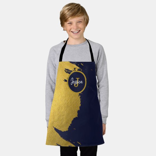 Tablier Brochures en or Faux customisées avec bleu marine (Porté)