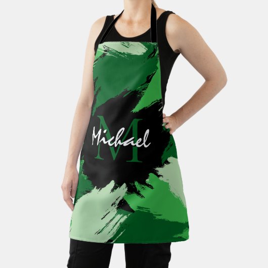 Tablier Brosse nuances de nom vert avec monogramme (Insitu)
