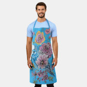 Tablier Budgie Aquarelle Rose Floral Design Blue Apron (Porté)