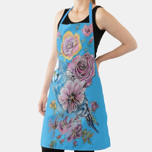 Tablier Budgie Aquarelle Rose Floral Design Blue Apron (Insitu)