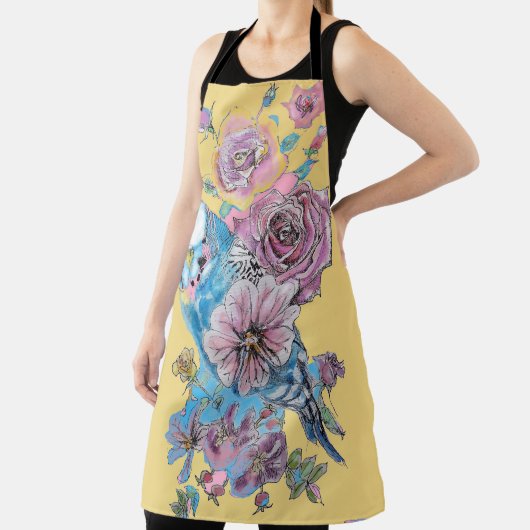 Tablier Budgie Aquarelle Rose Floral Design Jaune Apron (Insitu)