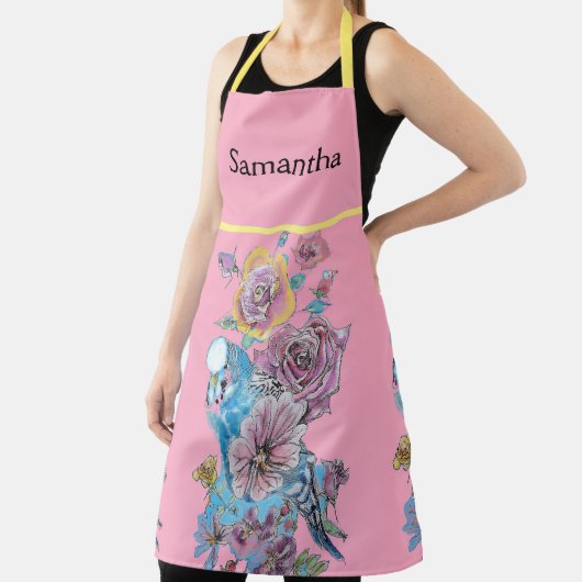 Tablier Budgie Aquarelle Rose Floral Design Pink Apron (Insitu)