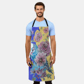 Tablier Budgie Watercolor Rose Floral Navy & Yellow Apron (Porté)