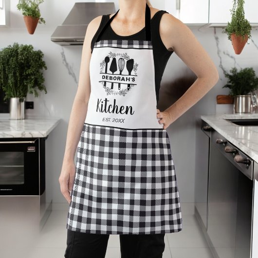 Tablier Buffle noir et blanc Plaid Nom de la cuisine