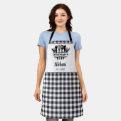 Tablier Buffle noir et blanc Plaid Nom de la cuisine (Porté)