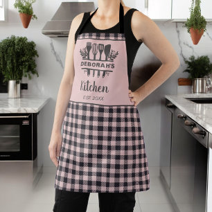 Tablier Buffle rose et gris Plaid Nom de la cuisine