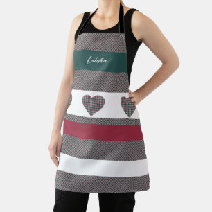 Tablier Burgundy Vert Moderne Tartan Avec Coeurs