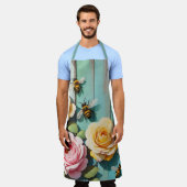 Tablier Busy Bees with Pink and Yellow Roses on Old Fence (Porté)