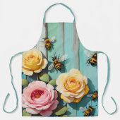 Tablier Busy Bees with Pink and Yellow Roses on Old Fence (Recto)