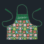 Tablier Cadeaux de Noël personnalisés tout-en-plan<br><div class="desc">Un motif de tablier de Noël design et moderne avec des illustrations géométriques d'inspiration rétro d'ornements, bas, sucres de canne, cadeaux, arbres de Noël, flocons de neige, cloches et plus encore. Cela peut être personnalisé avec le nom d'un enfant, monogramme ou votre propre message. Un cadeau de Noël amusant et...</div>