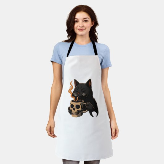 Tablier Café En Chat Foncé Avec Mug Crâne Surdimensionné T (Porté)