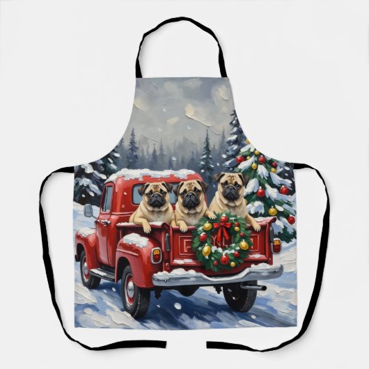 Tablier Camionnette Rouge de Noël Pug Fêtes (Recto)