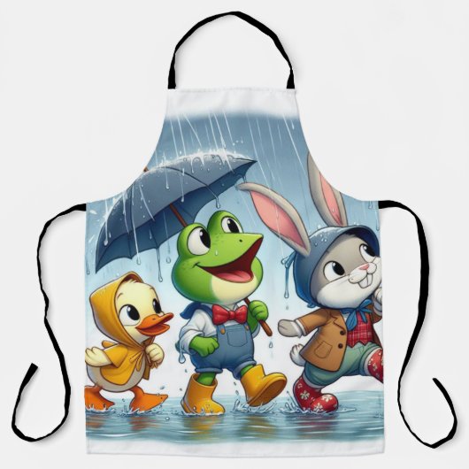 Tablier Canard mignon, grenouille, lapin sous la pluie (Recto)