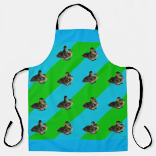 Tablier Canetons sur fond vert d'herbe et bleu ciel motif