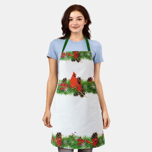 Tablier Cardinal de Noël et verdure des Fêtes / Blanc (Porté)