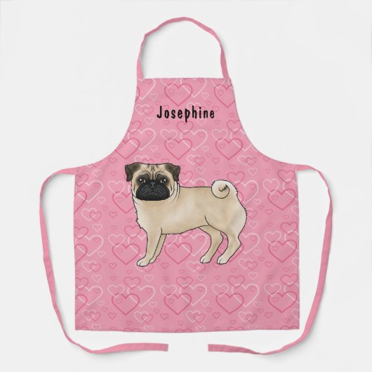 Tablier Carlin Fun Chien Cute Mops Et Coeurs Rose Avec Nom (Recto)