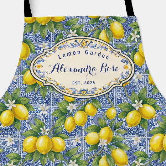 Tablier Carreau de nom monogrammé Lemon Blue French Countr