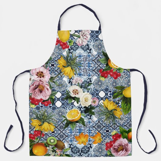 Tablier Carreaux bleus Méditerranée Floral (Recto)
