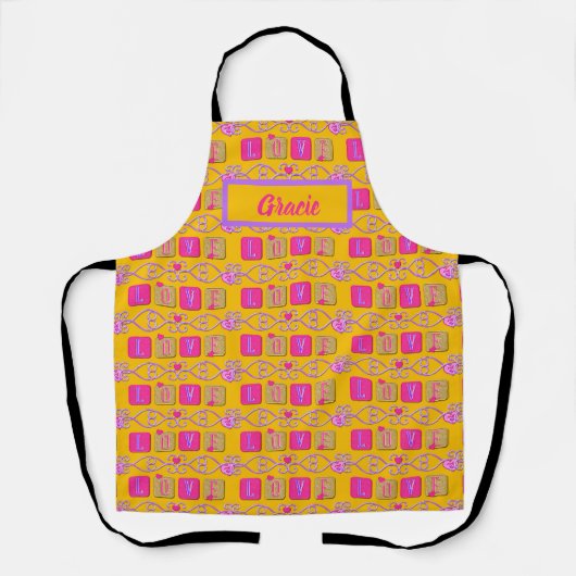 Tablier Carreaux d'amour-rose-violet-JAUNE- (Recto)