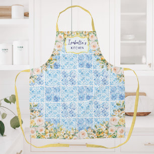 Tablier Carreaux Méditerranéens Bleus Fleur Citron Personn