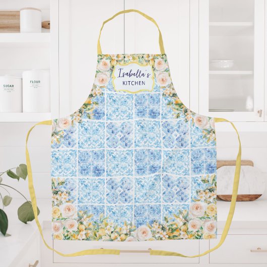 Tablier Carreaux Méditerranéens Bleus Fleur Citron Personn