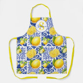 Tablier Carrelage à motif de citron blanc bleu Monogramme  (Recto)