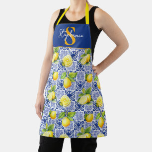Tablier Carrelage en forme de citron bleu blanc monogramme