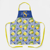 Tablier Carrelage en forme de citron bleu blanc monogramme (Recto)