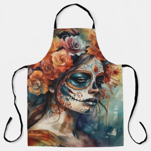 Tablier Catrina aquarelle Dia de los Muertos Crâne de Sucr