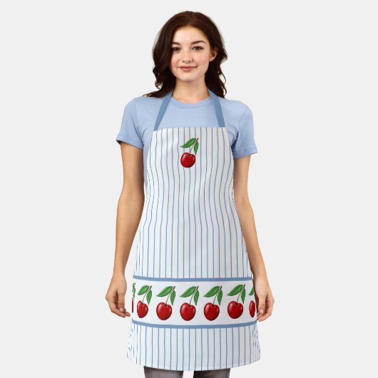 Tablier Cerises rouges sur Bleu Motif graphique (Porté)