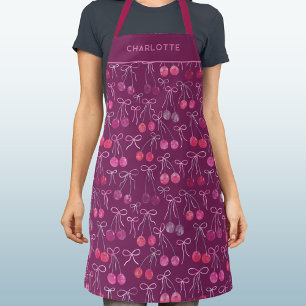 Tablier Cerises Rubans Vaches Aquarelle rose Personnalisé