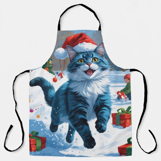 Tablier Chat bleu oriental assis dans la neige avec un cha (Recto)